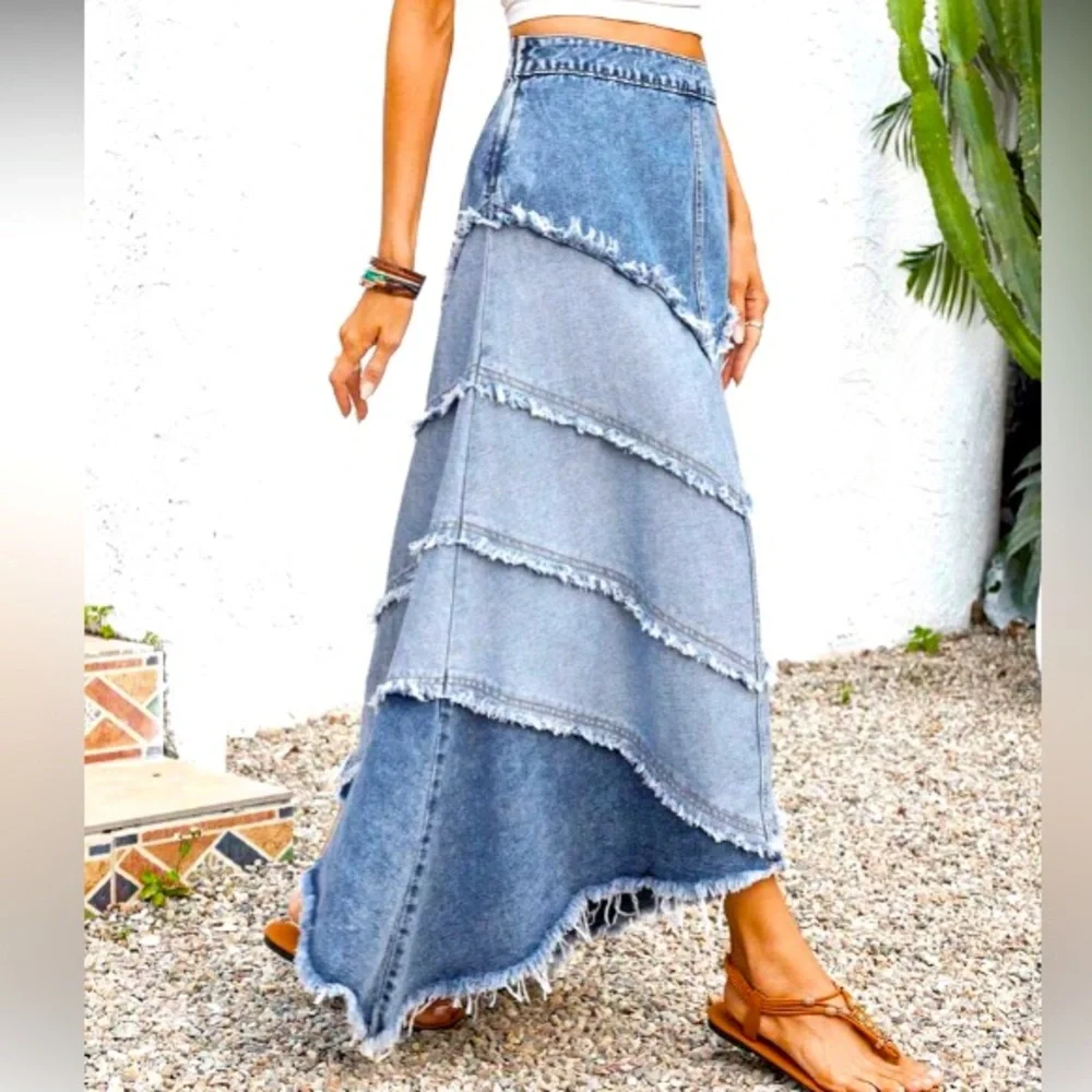 Denim Maxi Skirt with Frayed Hem